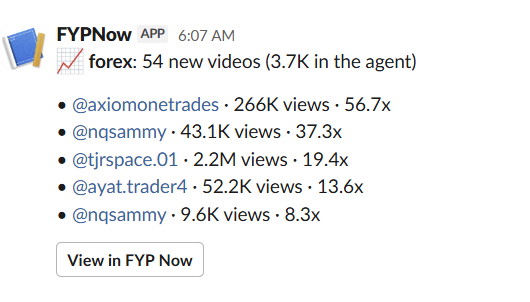 A FYPNow message in Slack: the forex agent found 54 new videos, with the top five by views and multiplier