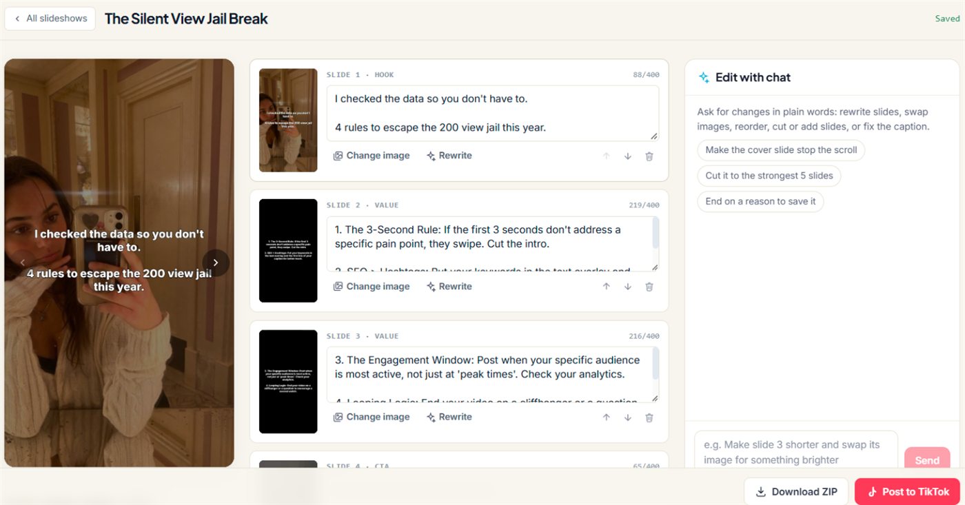 The Slideshow Studio editor with slide-by-slide text and edit-by-chat