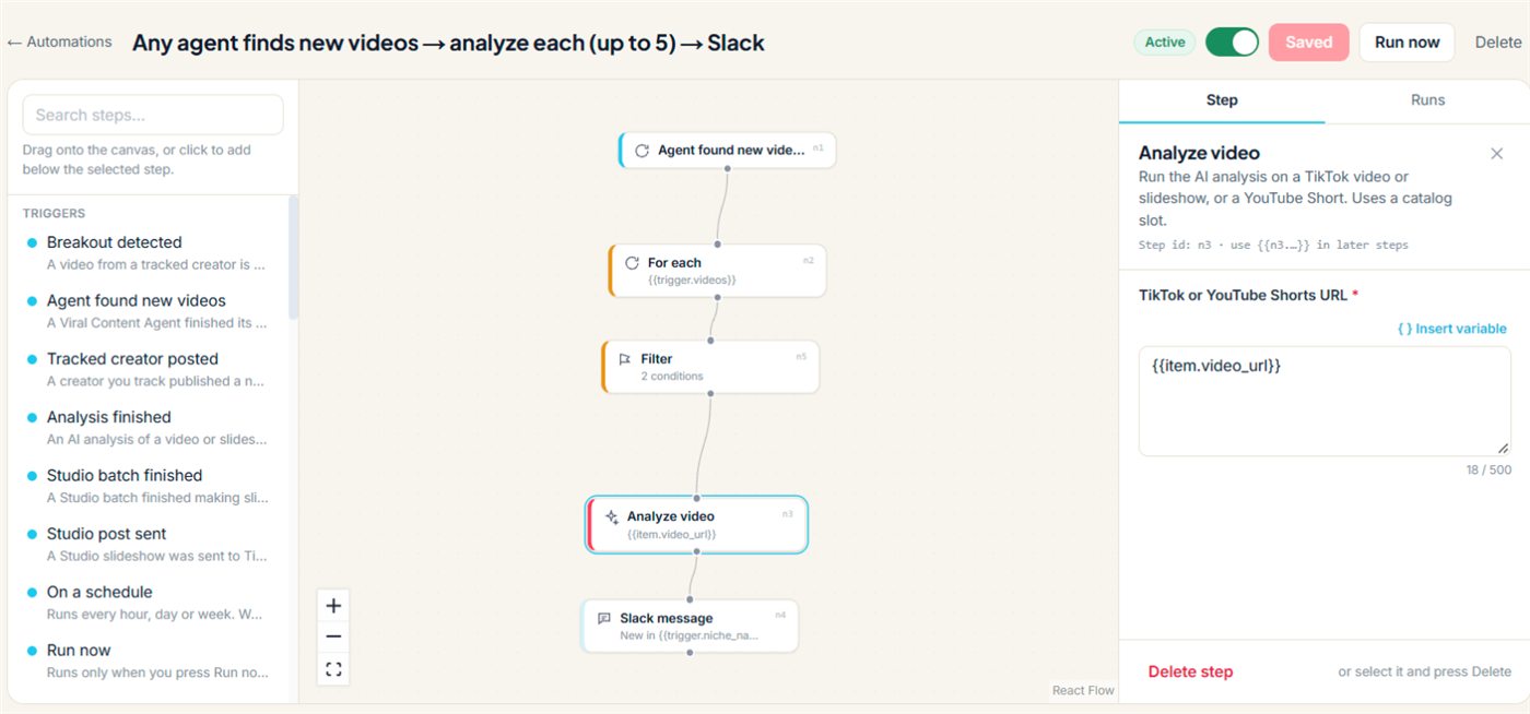 An automation: when any agent finds new videos, analyze each one and post to Slack