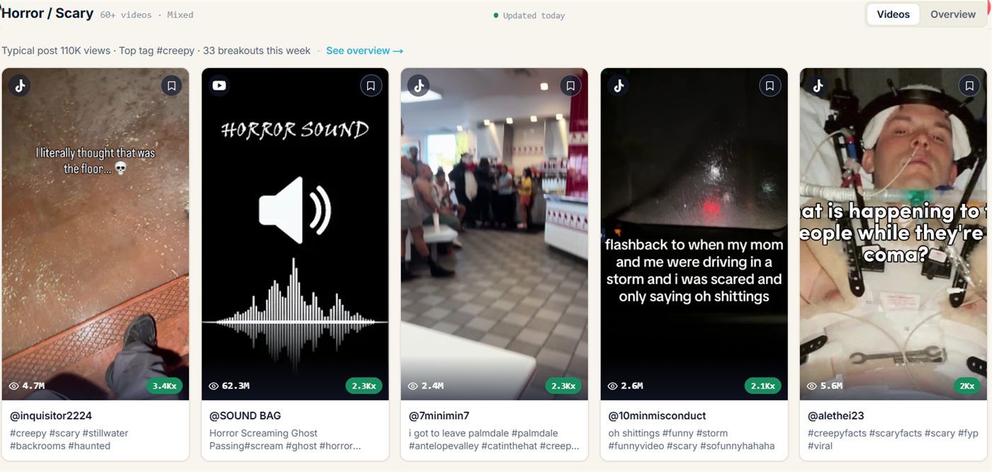 The Horror / Scary Viral Content Agent in fypnow, top videos sorted by multiplier
